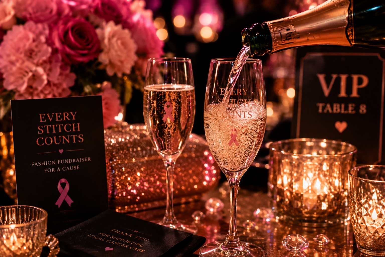 Champagne poured into branded flutes